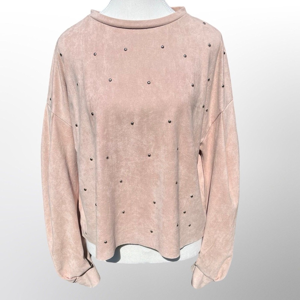 Fab'rik Blush Pink Faux Suede Studded‎ Balloon Sleeve Top S11803 Womens L